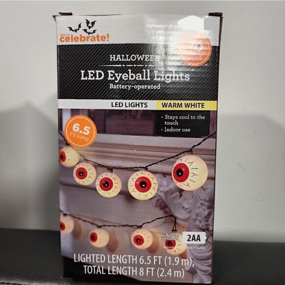 Lot of two Halloween 10-Count Battery Operated EyeballLights, w/Warm White LED - Picture 6 of 8